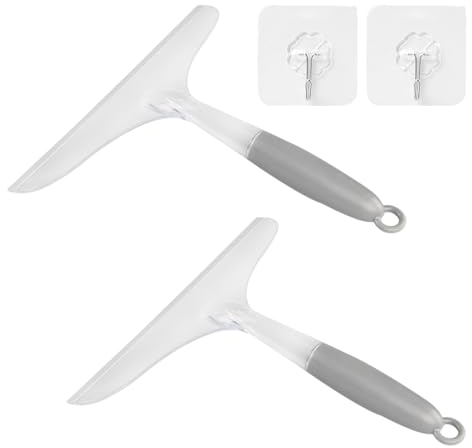 MEMOFYND Lot de 2 raclettes de nettoyage pour vitres avec 2 crochets en plastique, raclette de nettoyage de porte en verre de salle de bain, lave-vitre de voiture, nettoyant pour vitres (gris)