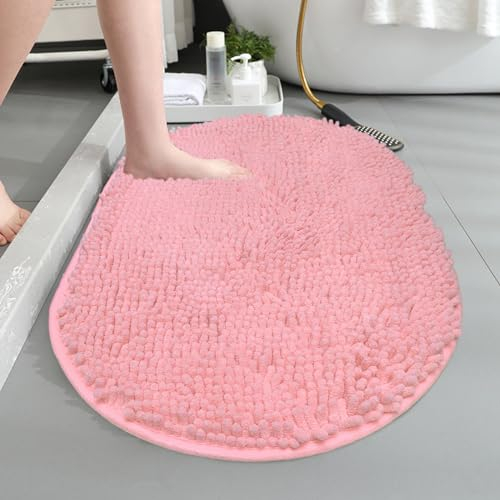 XYSaiXuan Tapis de bain ovale doux, absorbant et antidérapant, parfait pour tout tapis de salle de bain rose clair, tissu chenille décoratif (rose, 40,6 x 61 cm)