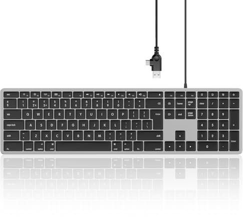 Seenda Wired Keyboard for Mac OS, Full-Size, Slim & Quiet, with Numeric Pad & 2-in-1 USB A/Type C Connector, Ideal for Home & Office - UK Qwerty Layout, Black and Dark Grey