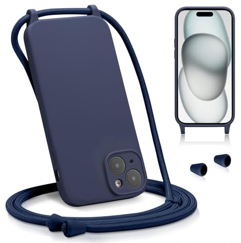 Verco Liquid Silikon Handyhülle für iPhone 15 Hülle mit Handykette, Blau | verstellbares Band, abnehmbare Kordel Crossbody, Kameraschutz, Tasche freihändig tragen, Handykette Band zum umhängen