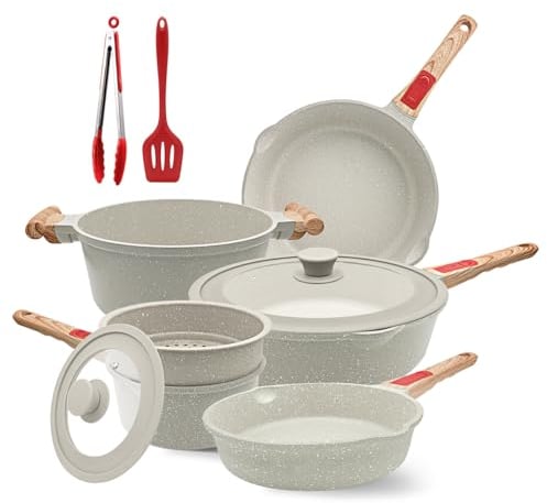 AIKENBBKK 10 piezas Juego de Ollas y Sartenes Cocina Antiadherentes Batería de Cocina Aluminio con mango extraíble, aptas para todas las placas, aptas para horno y lavavajillas (Blanco)