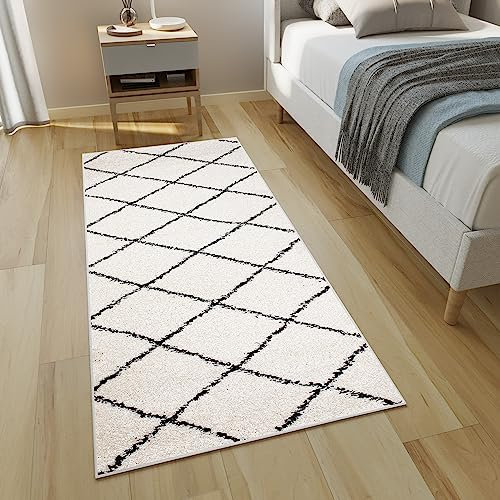 TAPISO Delhi Teppichläufer Hochflor Langflor Shaggy Creme Schwarz Karo Boho Design Flauschig Wohnzimmer Schlafzimmer Flur ÖKO-TEX 120 x 350 cm