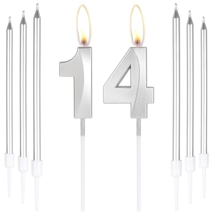 mciskin Silver 14 Birthday Candles-3D Number 14 Candle for Cake with 6pcs Long/Thin Candles Set,Silver Cake Topper for Girl Boy 14th Birthday Decorations Supplies,14th Wedding Anniversary Decorations