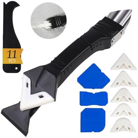 11Pcs Silicone Caulking Tools 3 in1 Grout Removal Tool(Stainless Steelhead)&Grout Remove Scraper,5 Silicone Replaceable Pads,4 Glass Glue Angle Scraper, Caulk Remover for Kitchen/Bathroom/Window/Joint