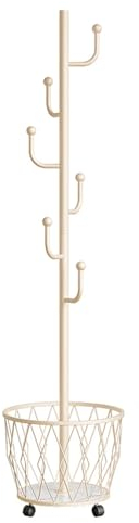 BURLOE Garderobenständer Metall Mit Rollen, Kleiderständer Stabil 6-Haken Hängekorb Räder Weiß Garderobe Für Mäntel Jacken Taschen Metall Garderobenständer,Beige