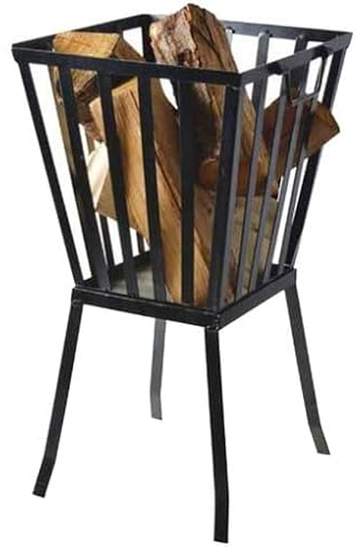 Garden Mile Large Outdoor Fire Pit Garden Fire Basket Heater Black Powder Coated Paint Metal | Tiled Edging Brazier and Mesh Lid with Handle | Firepit Table with Fire Poker For Garden (Square Basket)