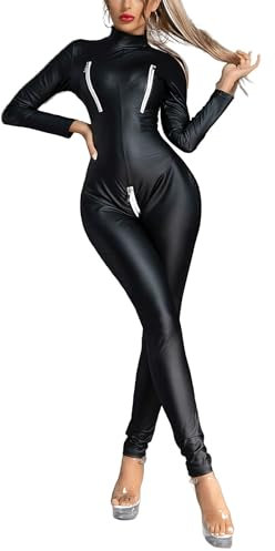 Damen WetLook Bodysuit Damen Wetlook Catsuit mit Reißverschluss Faux Leder Body Langarm Jumpsuit Sexy Leder Bodysuit Damen Dessous Set erotisch Einteiler Overall Playsuit Clubwear Tanzparty Kostüm XL
