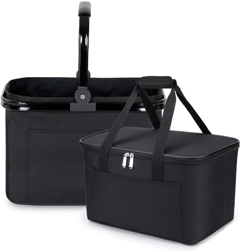Pynhoklm 30L Klassischer Einkaufsset 2tlg Bestehend aus Einkaufskorb und Kühltasche Einkaufskorb mit Alu-Griff Faltbare Einkaufstasche mit Isolierung für Arbeit/Einkaufen