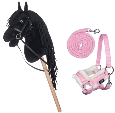 HKM Kids Hobby Horse, Rappe, Schwarz, mit Halfter und Führstrick in Rosa, Steckenpferd für Kinder, Pferde Spielzeug