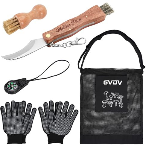 GVDV Couteau à Champignons Gravé Meilleur Papa avec Sac de Cueillette de Champignons，Brosse, Boussole et 2*Gants, Couteau Mycologique de Poche Pliant, avec Brosse Poil de Sanglier, Homme