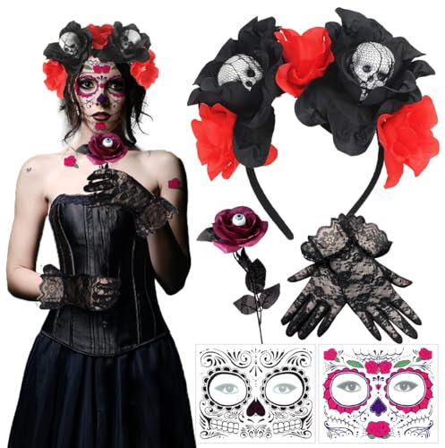 LGZIN Halloween Jour des Morts Bandeau, Serre-Tête avec Roses Halloween, Tatouages Temporaires pour Visage, Gants en Dentelle et Roses Noires, Accessoires du Jour des Morts pour Halloween Carnaval