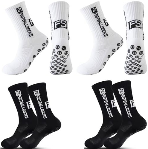4 Paare Fußballsocken für Anti Rutsch Grip Fußball Socken für Herren Damen Sportsocken Fußball Absorbiert Schweiß 39-46 Atmungsaktiv Laufsocken Kompression Elastische Socken(weiß+schwarz)