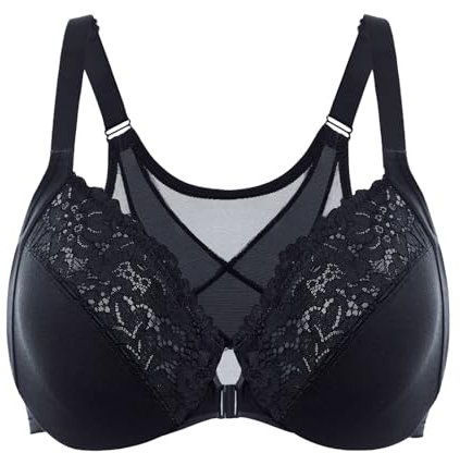 Delimira Women's Front Fastening Bras Posture Lace Underwire Unlined Full Coverage Plus Size Black 38DD