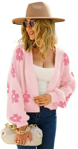 SWOAMER Damen Strickjacke Kurz Süß Cardigan Lässig Open Front Strickmantel Sweater Langarm Frühling Winter Oberteile Casual Pullover Rosa S