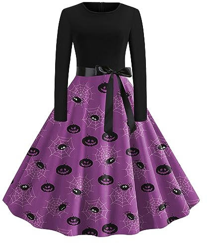 Halloween Kleid Große Größen Damen, Halloween Kostüm Frauen|Halloween Gedruckt Langarm Kleid mit Krawatte Gürtel Gruselig Swing Kleid Sexy Gothic Mittelalter Kleidung Steampunk Vintage Cosplay