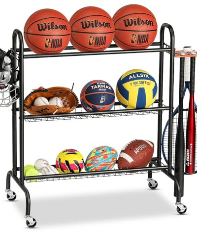 EXTCCT Ball Storage Rack, 3-Layer Small Ball Rack Ball Storage For Garage, Outdoor Rolling Ball Cart with Wheels, Two Basket for Basketballs Footballs Volleyball