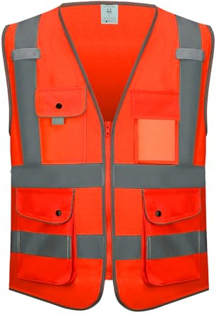 KANMORE Hi Vis Safety Vest EN ISO 20471 – High Visibility Reflective Vest with 7 Pockets & Side Hand Pockets, Zipper Front Workwear for Construction, Security & Cycling – Orange/Yellow