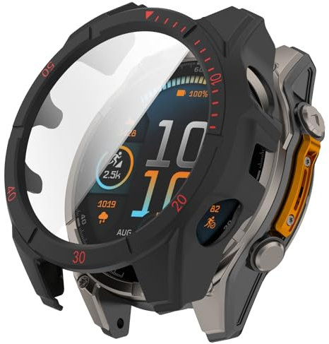 AWADUO Compatible con Garmin Fenix 8 Solar 51 mm Smartwatch Full Coverage PC Funda con Cristal Templado Touchable Screen Protector Smartwatch Accesorios (Negro + Rojo)