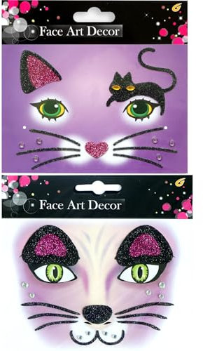 LEMONSTONE Katzen Gesichtstattoo Karneval,2 Stk Katzen Tattoo Gesicht Katze Face Art Sticker,Katzen Schminke,Glitzer Katze Aufkleber Gesicht Karneval,Temporäre Tattoos Katze Face Sticker für Fasching