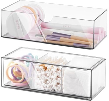 Schubladen Organizer für Bad & Schminktisch | 2er-Set aus bruchsicherem Acryl | Stapelbar & Transparent mit Anti-Rutsch-Sockel | Für Badschrank und Büro