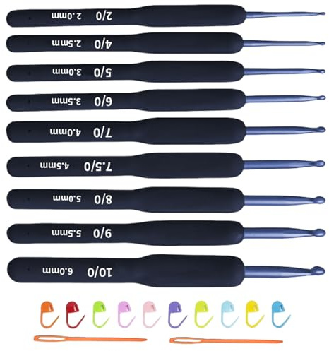 Ergonomische Häkelnadel Set, Blauem Griff Häkeln Stricken Nadeln Kit 2,0 mm - 6,0 mm, Häkelnadeln mit Nadeln und Stichmarkierungen für Arthritische Hände, Klobige Ergonomisch Metall Häkelnadelset