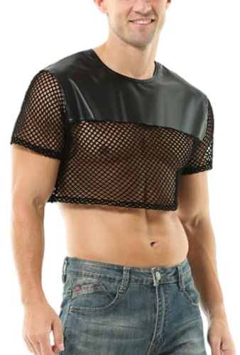 Men's Shiny Crop Top, Sexy Faux Leather Fishnet Crew Neck Short Vest for Party Clubwear, Short Sleeve Mesh Muscle Tight Tops Clubwear, Slim Fit Dance Shirt Vests for Night Club Music Festival Disco