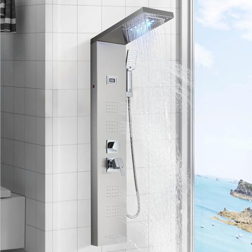 Duschpaneel mit Temperaturanzeige Armatur und LED, Duschsystem mit 5 Duschfunktionen Duschpaneel aus Edelstahl Regendusche Nebeldusche Massagedüsen 3 Modi-Handbrause und Wanneneinlauf Gebürstet