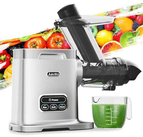 Aeitto - Máquinas exprimidoras de prensa en frío, canal de 3.6 pulgadas de ancho, gran capacidad, alto rendimiento de jugo, 2 modos de exprimidor masticante, exprimidor lento fácil de limpiar para