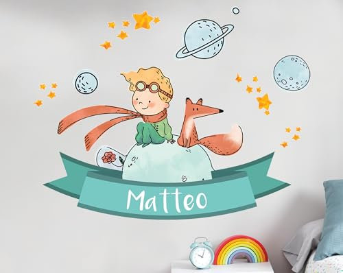 Adesivo Murale Personalizzato Il Piccolo Principe, Decorazione Camera Bambini, Stile Spaziale con Nome, Made in Italy, Rosa/Azzurro