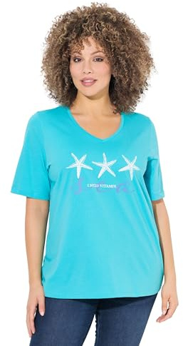 Ulla Popken Damen große Größen Übergrößen Plus Size T-Shirt, Seestern, Classic, V-Ausschnitt, Halbarm tiefes Aqua 46+ 838904740-46+