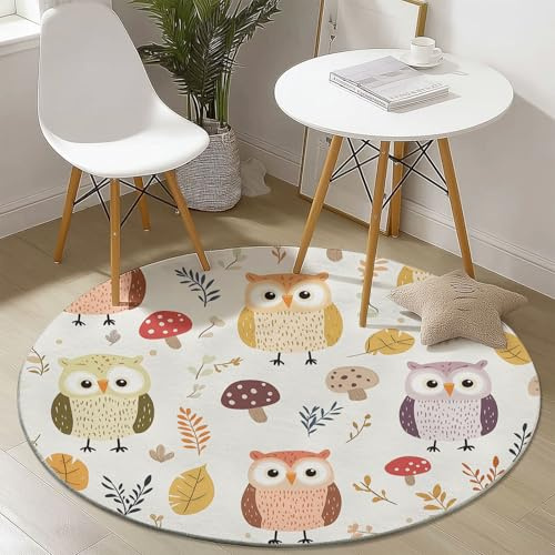 Generisch Teppich für das Wohnzimmer 120 cm- rutschfest Waschbar Rund Teppich mit Cartoon Eule Pilz Design, Geeignet für Flur Esszimmer Schlafzimmer und Küche - Weiß