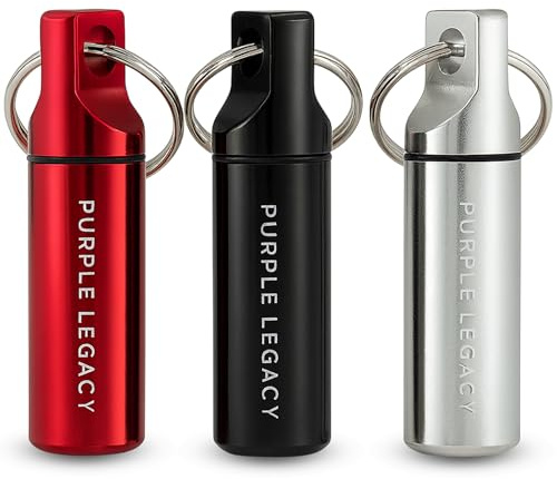 PURPLE LEGACY Pillendose Schlüsselanhänger 3er Set (Schwarz/Silber/Rot) – Wasserdichter Aluminium-Behälter mit Schraubdeckel & O-Ring – Mini Reise-Pillenbox, leicht & robust