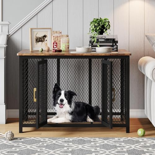 48 Zoll Hundebox Möbel – Extra robuste Hundebox aus Holz & Stahl mit Oberer Klapptür, 2 Seitentüren – Schwerlast Hundekäfig für mittelgroße & große Hunde bis 110 lbs