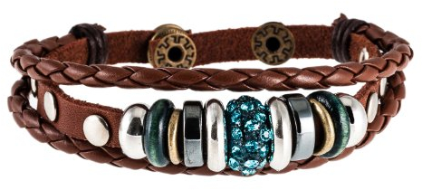 Morella Damen Lederarmband braun geflochten mit Nieten + Beads und türkisen Zirkoniasteinen