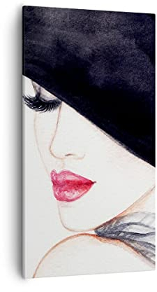 Bilder auf Leinwand 55x100cm Leinwandbild mit Rahmen Frau Lippen Hut Eleganz Groß Wanddeko Bild Schlafzimmer Küche Deko Wandbilder Dekoration Wohnzimmer Wall Canvas Wand Kunstdruck Art PA55x100-2947
