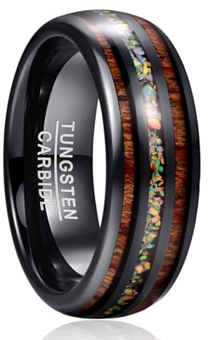NUNCAD Wolfram Ring Damen/Herren schwarz 8mm Ring Unisex mit Opalsteine und Koaholz zum Mosaik für Hochzeit Verlobung Lifestyle und Fashion Größe 57