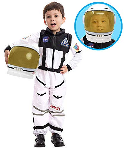 Astronaut NASA Pilot Kostüm mit beweglichem Visierhelm für Kinder,Space Kostüm Outfit Rollenspiel für Halloween Party Cosplay Schulklassenzimmer Bühnenperformance-Weiß Small (5-7 Jahre)