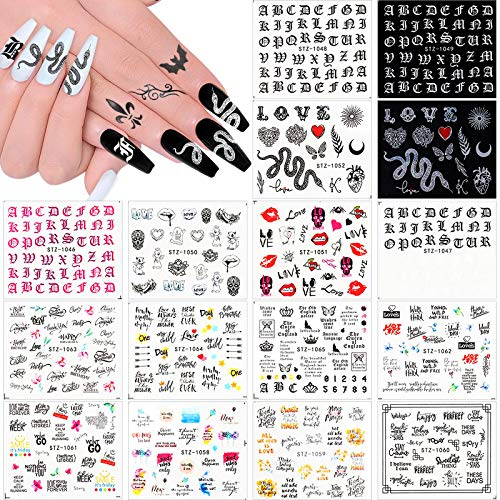 Kalolary 16Pcs Nail Art Stickers Water Transfer Nail Decals for Women, Letter Snake Flower Leaf Flamingo Flower Nail Design Nail Stickers for Manicure Fingernails Decorations
