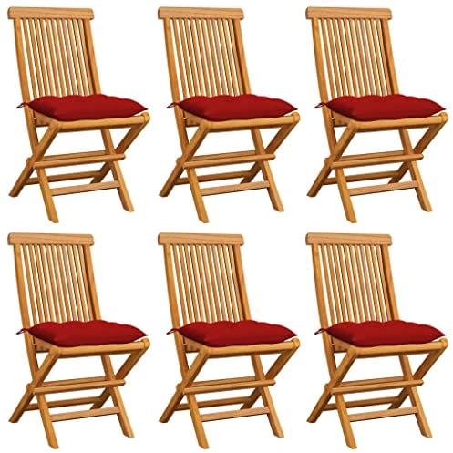 vidaXL 6X Teak Massiv Gartenstuhl mit Roten Kissen Klappstuhl Holzstuhl Gartenmöbel Stuhl Stühle Balkonstuhl Terrassenstuhl Essstuhl