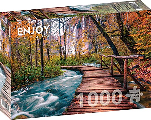 1000 Pieces Jigsaw Puzzle for Adults – Matte Finish, Soft Touch, Sturdy and Unique Pieces, Tight Fit, Vivid Colors, Missing Pieces Service – Forest River in Autumn Nature Landscape – by ENJOY Puzzle