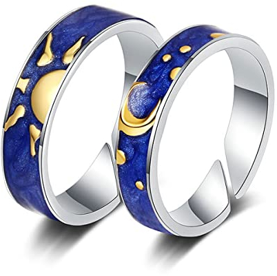 Chereda Passende Ringe, blauer Mond, Stern, Sternennacht, Van Gogh's Himmel, verstellbare Ringe für beste Freunde, Paare, Frauen, Männer, Liebhaber, bestes Geschenk, Silber