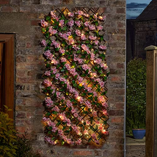 Festive Lights 1.8m Outdoor Garden Artificial Pink Blossom Ivy Trellis with Solar Light - 50 Warm White LEDs