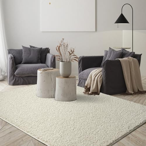 the carpet Foxy Shaggy Teppich - Hochflor Teppich Wohnzimmer & Schlafzimmer - Waschbar & rutschfest - Creme 200 x 290 cm