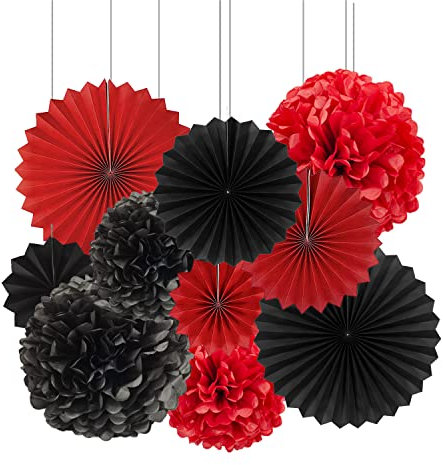 Vsosfiza Schwarz und Rot Dekoration: Hängender Papier Pompons und Papierfächer, 10 Stück, Hochzeit, Geburtstag, Party