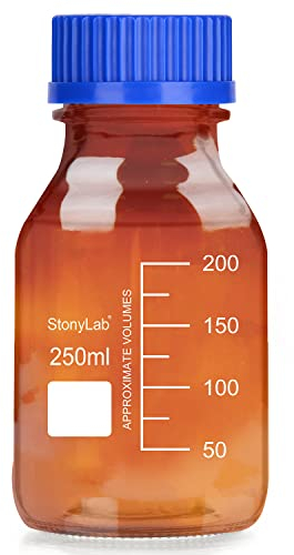 stonylab Amber Glass Graduated Round Media Storage Bottles with GL45 Screw Cap, 250 ml, 1 Pack