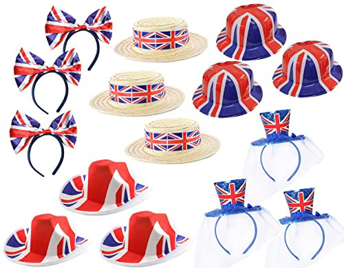 Union Jack Hut-Set – 3 x Union Jack Schleife Stirnband, 3 x Union Jack Bootsfahrer, 3 x Union Jack Cowboy Hüte, 3 x Union Jack Fascinator Hüte – King's Coronation Street Party Zubehör Set