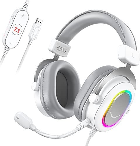 FIFINE USB Headset for Gaming Streming, Wired Over-Ear Headphones with Microphone, Gamer RGB Headset with 7.1 Surround Sound, Passive Noise Cancellation, In-Line Control, for PC PS5-H6 White