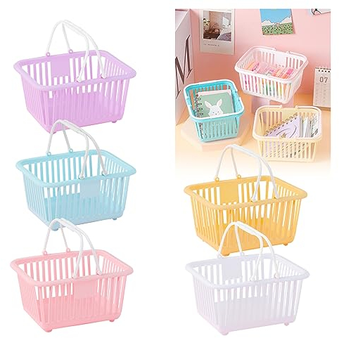 MAINOSHY 5 Pack Plastic Storage Baskets with Handle, Mini Storage Boxes Desktop Storage Crates Organizer Baskets for Office, Bookshelf, Fridge, Bathroom and Home