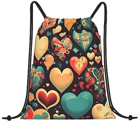 ZYVIA Sportrucksack mit bunten Herzen, aus Polyester, wasserdicht, stark, leicht, integrierter Reißverschluss, zusätzliche Sicherheit, ideal für Fitnessstudio, Yoga, Tanz, Reisen, Schwarz , One size