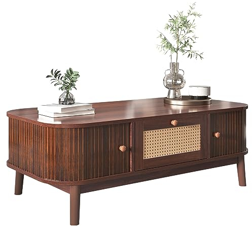 HAINEW Landhausstil Couchtisch mit Rattan Schubladen und Schiebetüren, Rattan Kaffeetisch Wohnzimmertisch Sofatisch mit Massivholzlatten für Wohnzimmer, Büro (Holzfarbe und hellgelb)